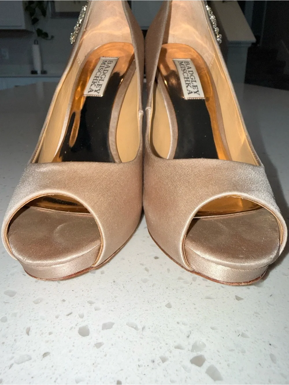 Badgley Mischka Rose Gold Satin Peep-Toe Heels with Crystal Brooches